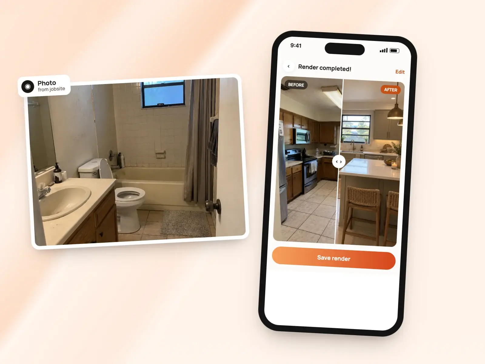 A jobsite photo and a before-and-after render of the finished kitchen on a phone