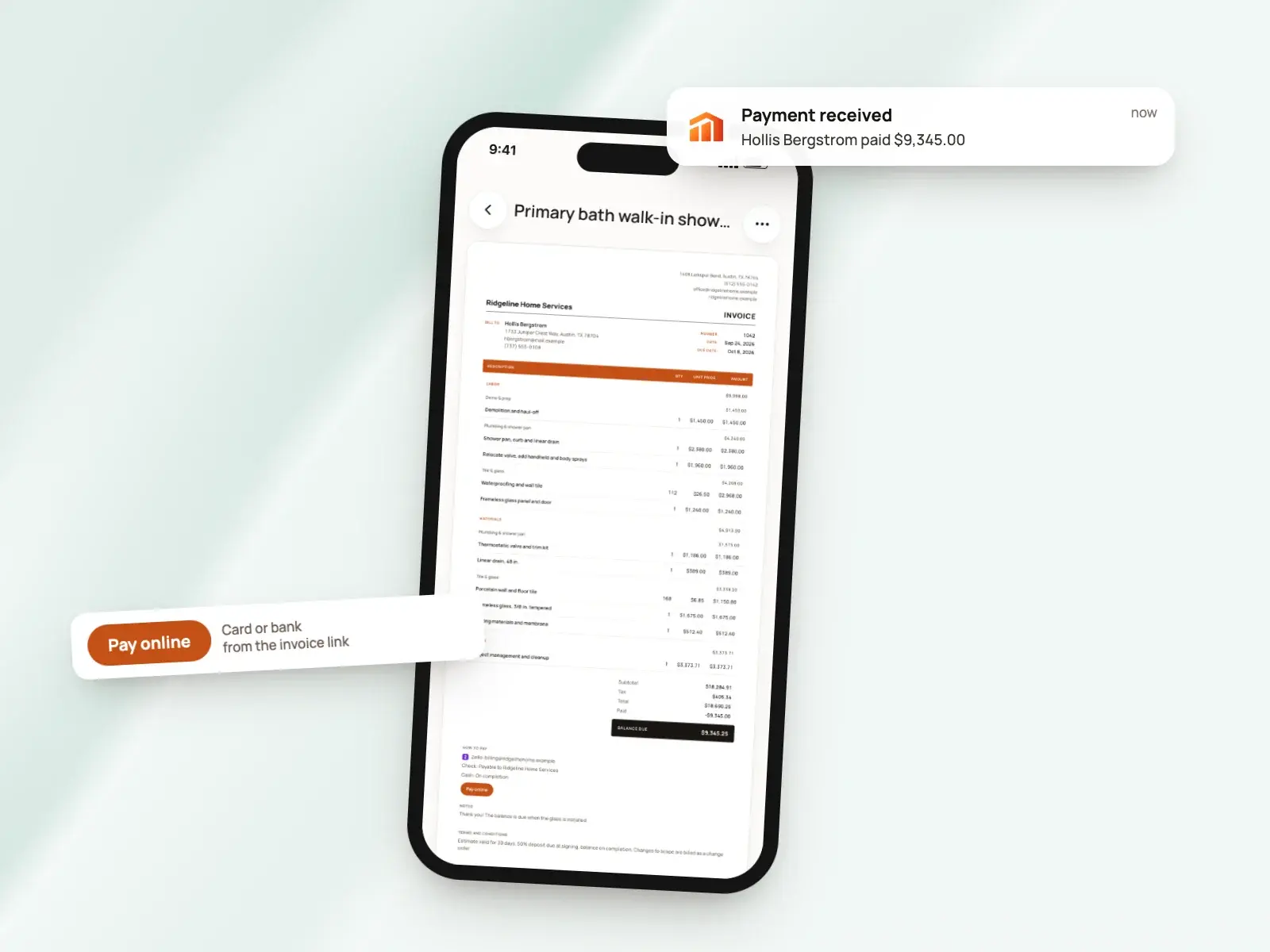 An invoice on a phone with its "Pay online" button and a "Payment received" notification