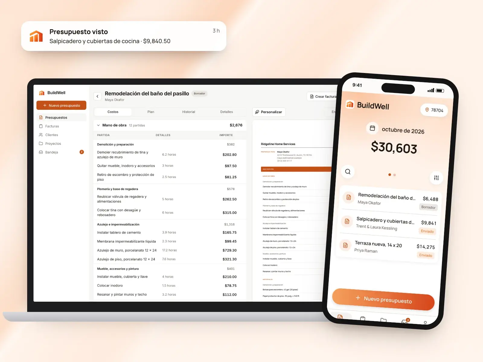 Un presupuesto en la app web y la app de BuildWell, con un aviso de "Presupuesto visto"