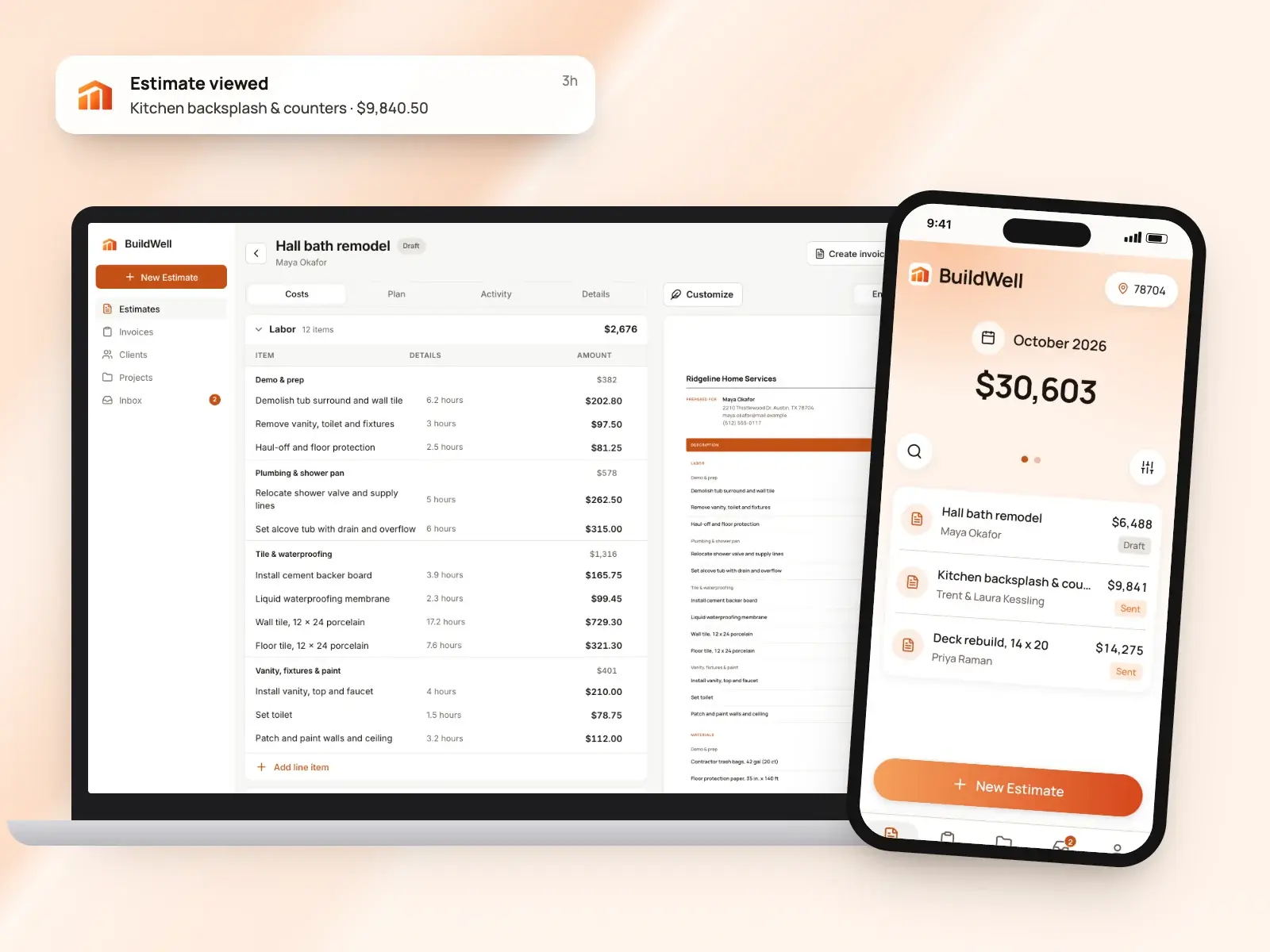An estimate in the BuildWell web app and phone app, with an "Estimate viewed" notification