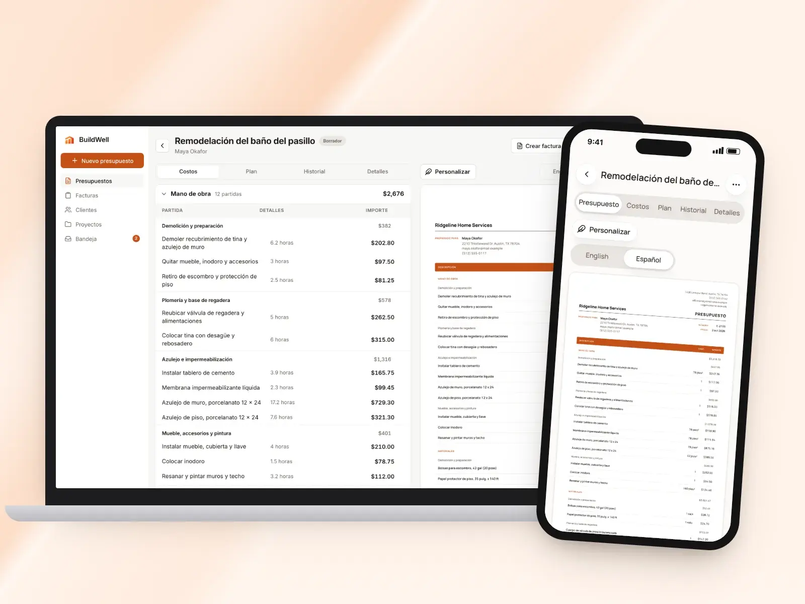 A bathroom remodel estimate in Spanish in the BuildWell web app and on a phone, with the document titled "Presupuesto"
