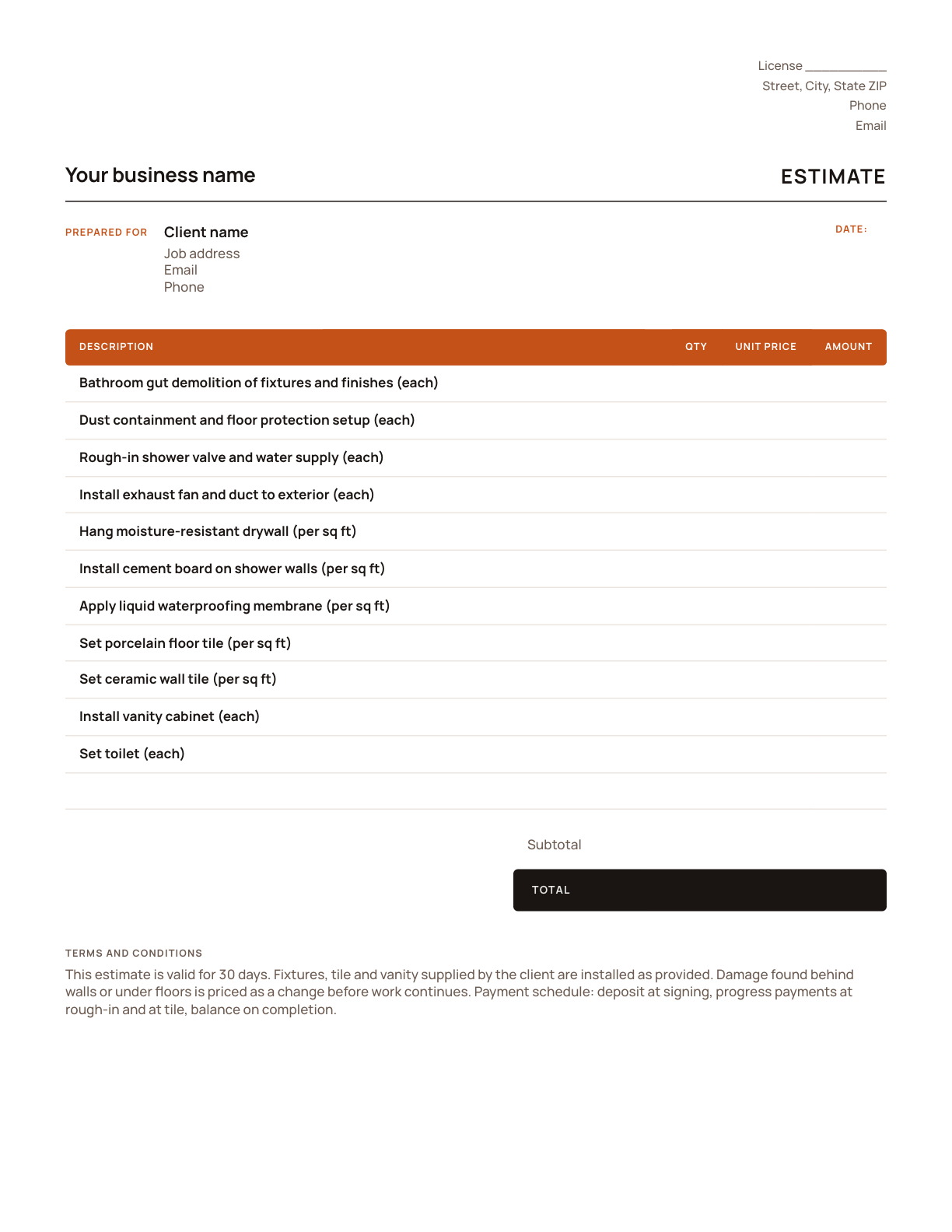 The bathroom remodeling estimate template, with its line items listed