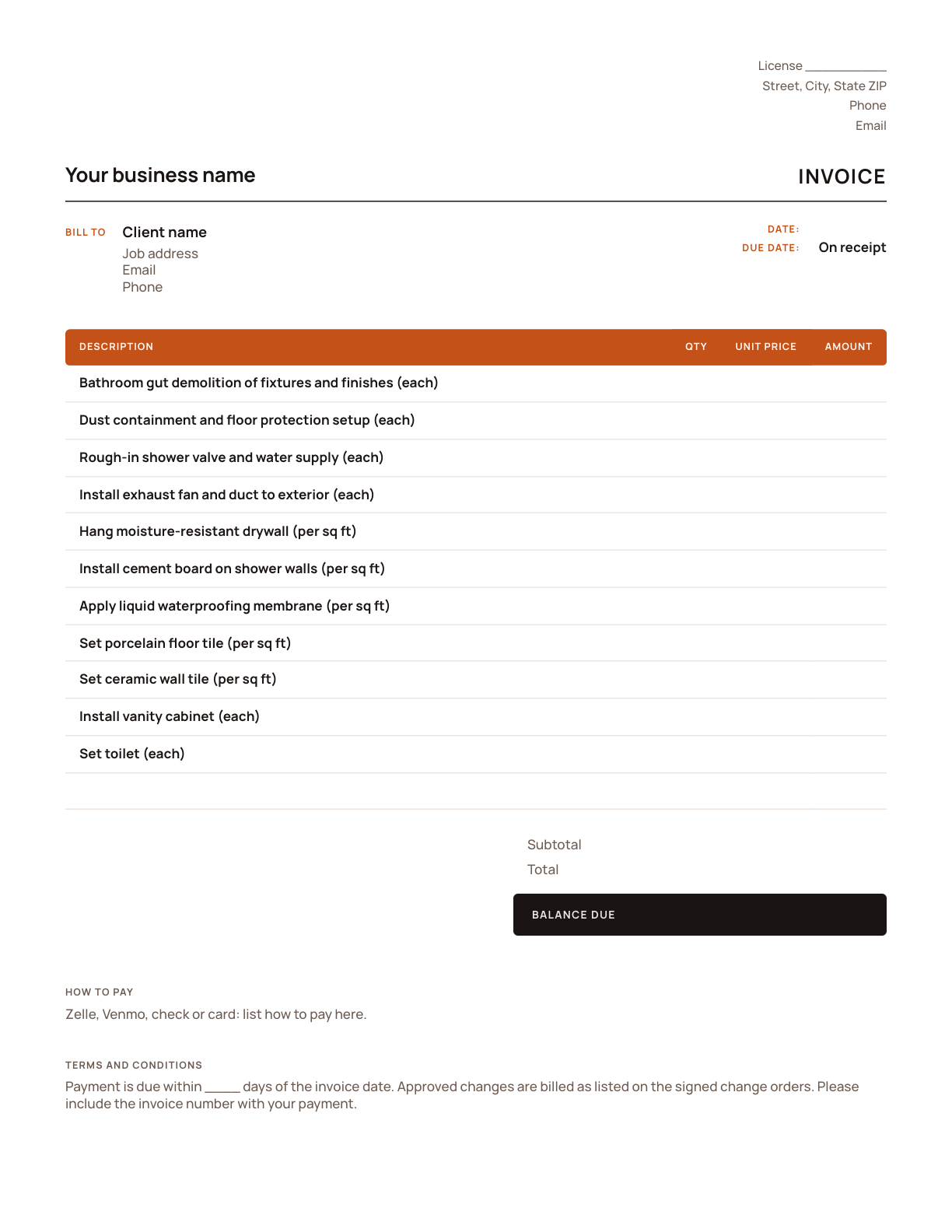 The bathroom remodeling invoice template, with its line items listed