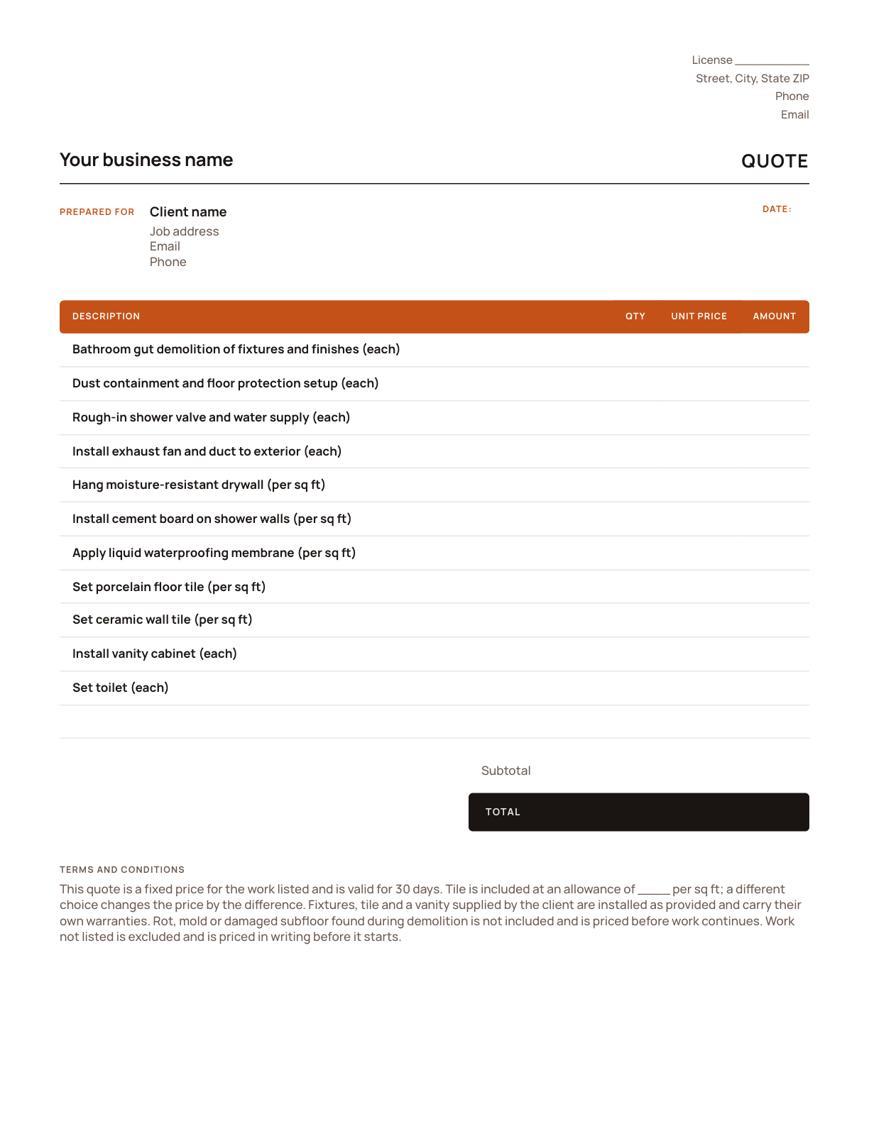 The bathroom remodeling quote template, with its line items listed
