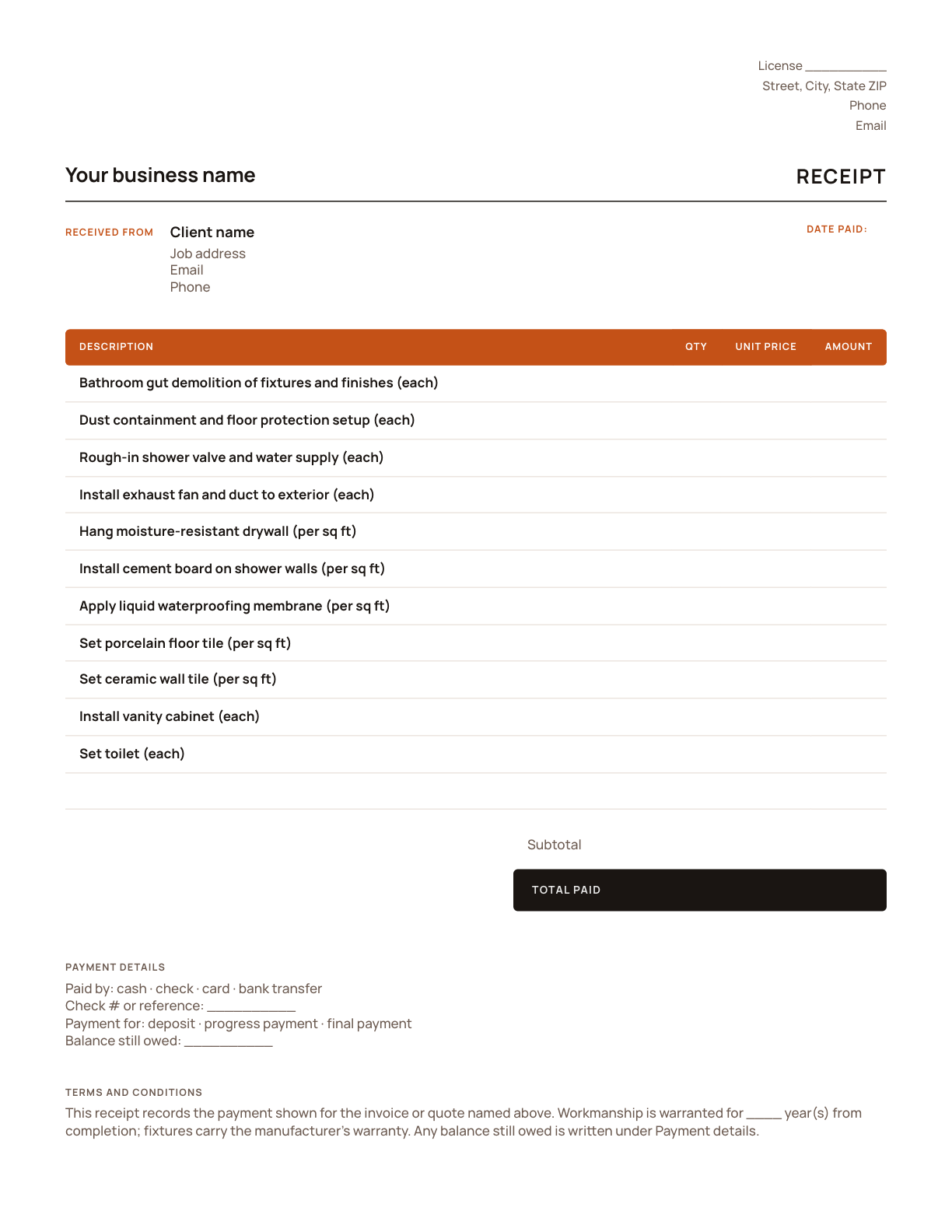 The bathroom remodeling receipt template, with its line items listed