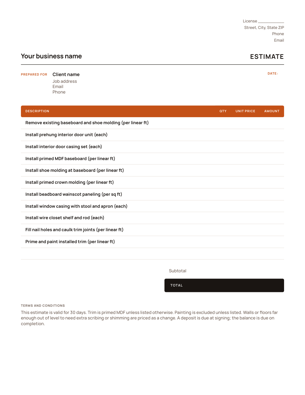 The carpentry estimate template, with its line items listed