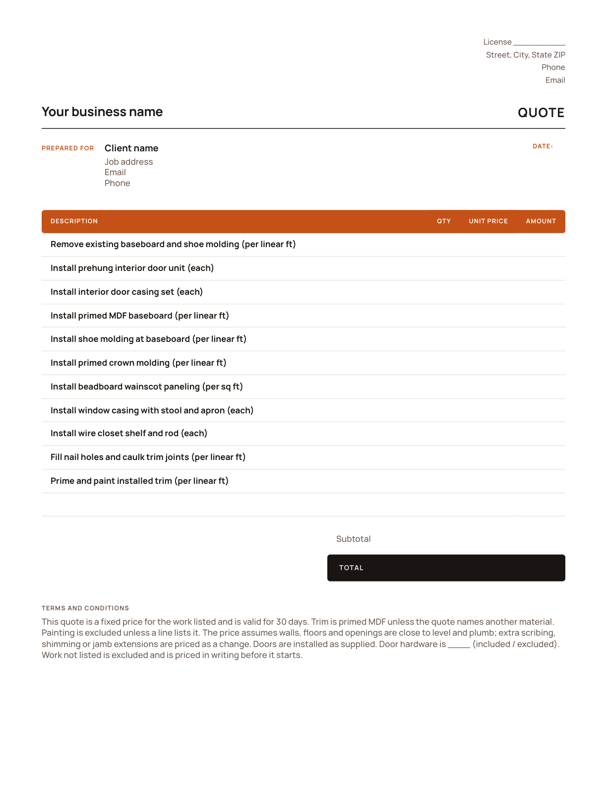The carpentry quote template, with its line items listed