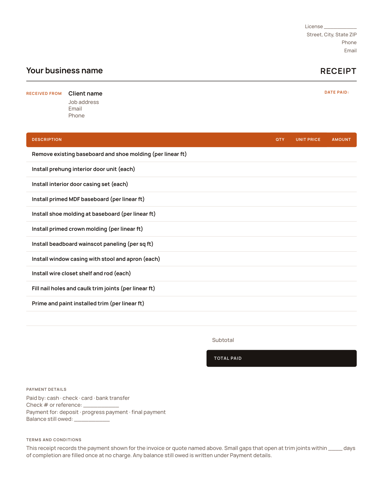 The carpentry receipt template, with its line items listed