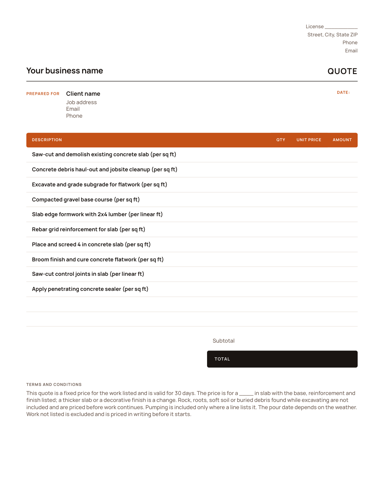 The concrete quote template, with its line items listed