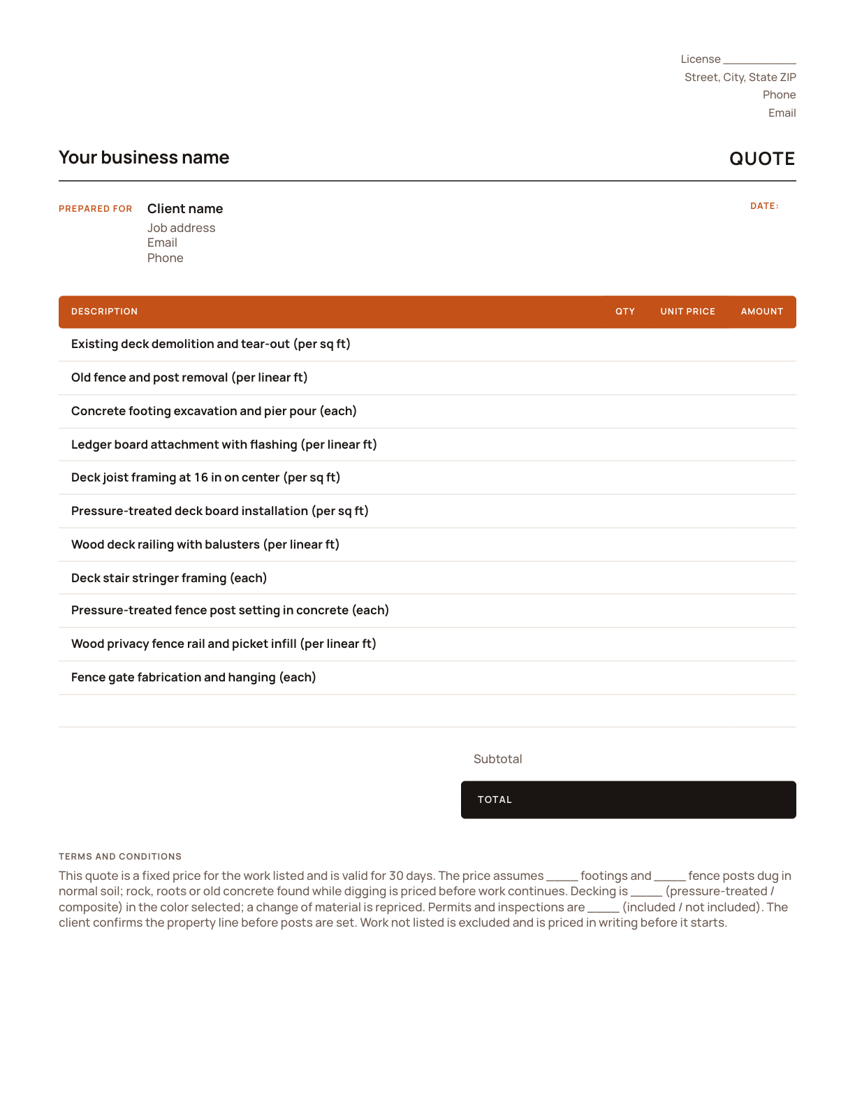 The deck and fence quote template, with its line items listed