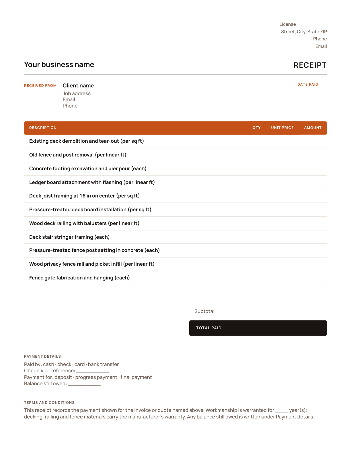 The deck and fence receipt template, with its line items listed