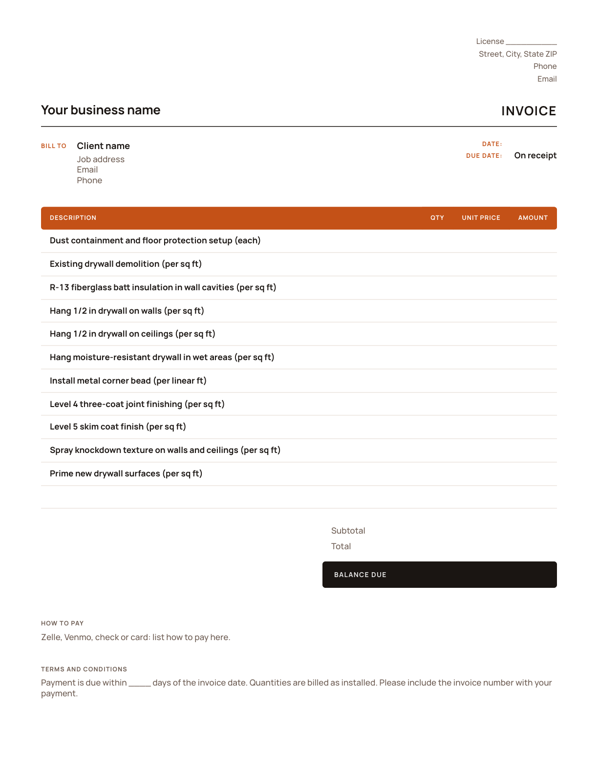 The drywall invoice template, with its line items listed