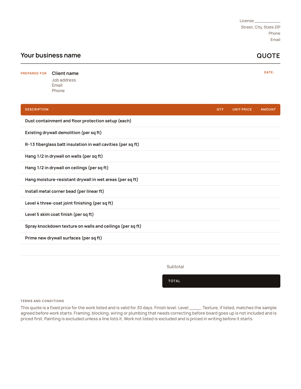 The drywall quote template, with its line items listed