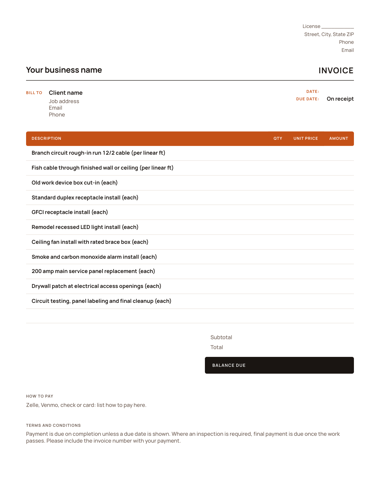 The electrical invoice template, with its line items listed