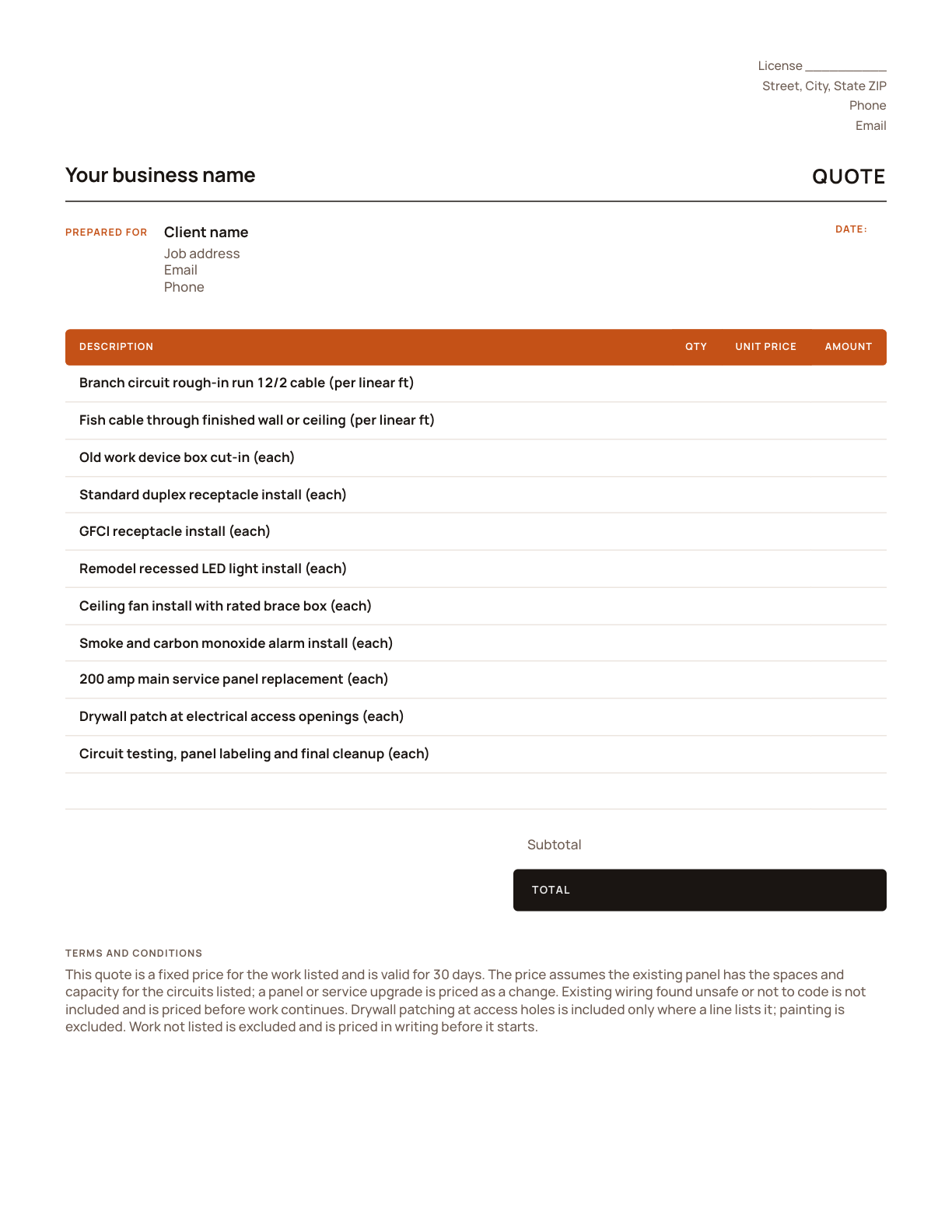 The electrical quote template, with its line items listed