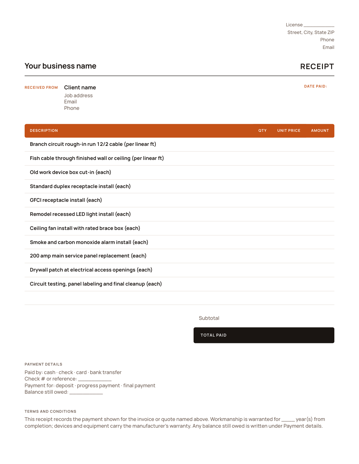 The electrical receipt template, with its line items listed