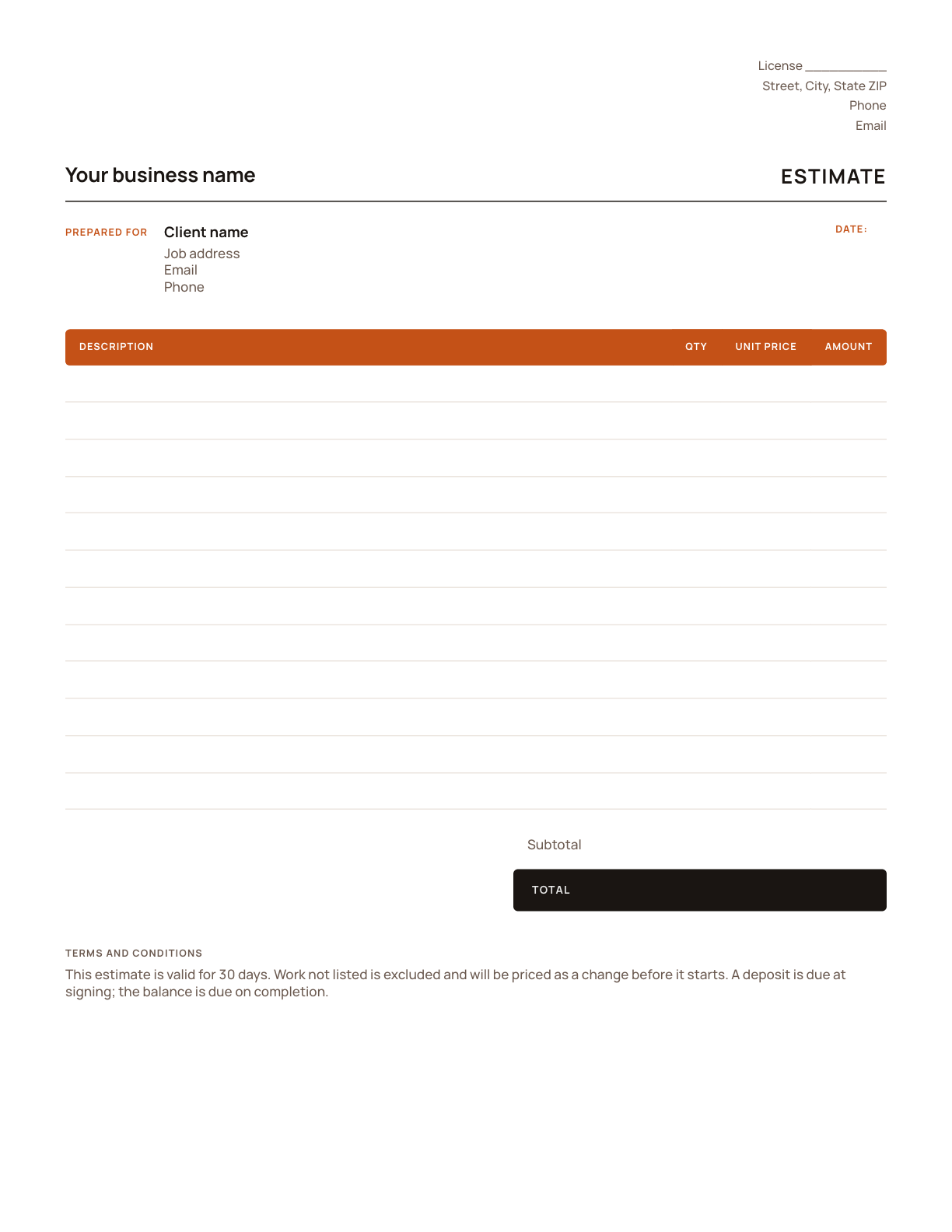 A blank estimate template