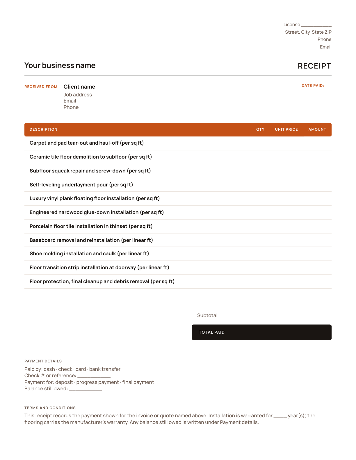 The flooring receipt template, with its line items listed
