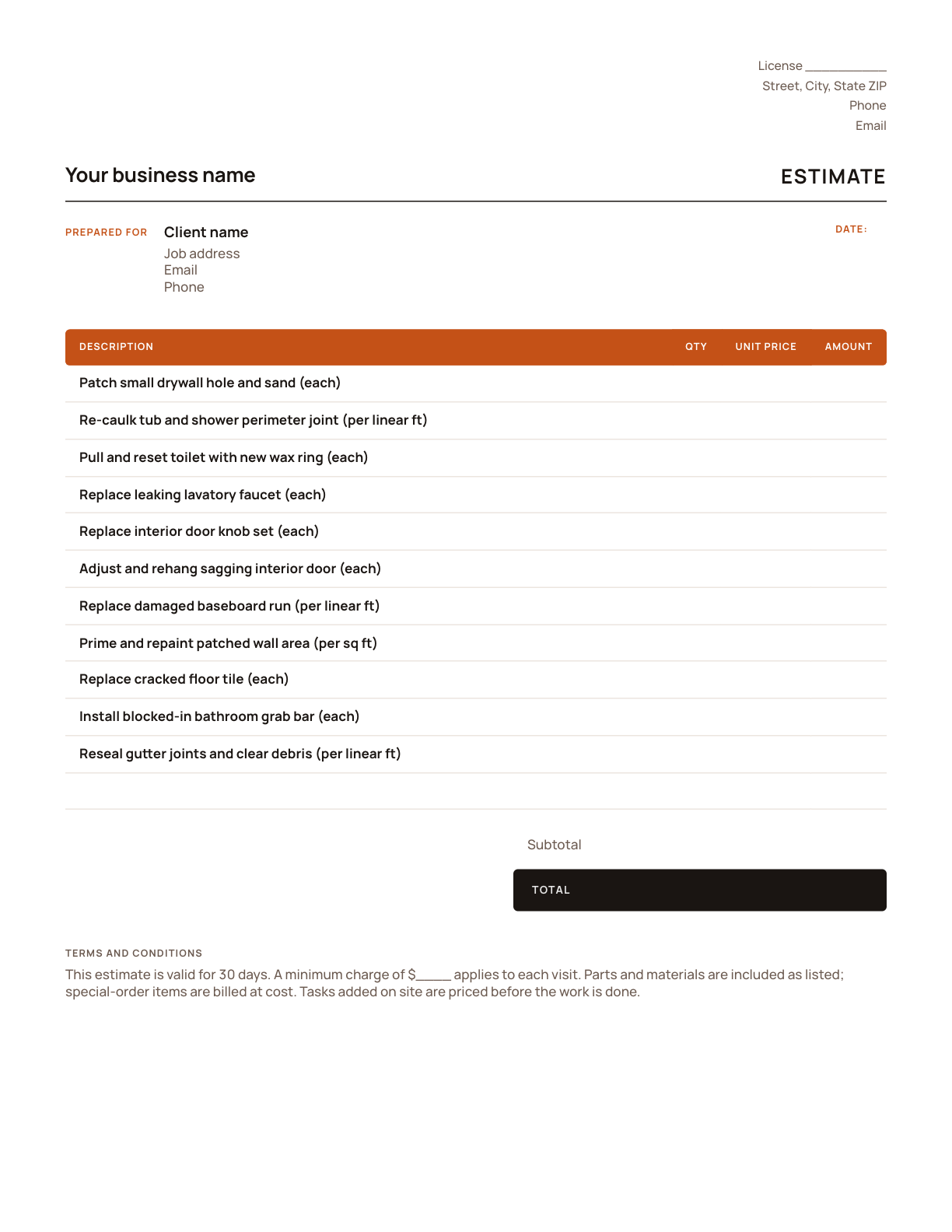 The handyman estimate template, with its line items listed