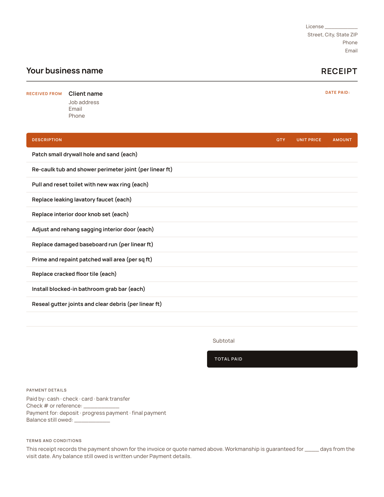 The handyman receipt template, with its line items listed