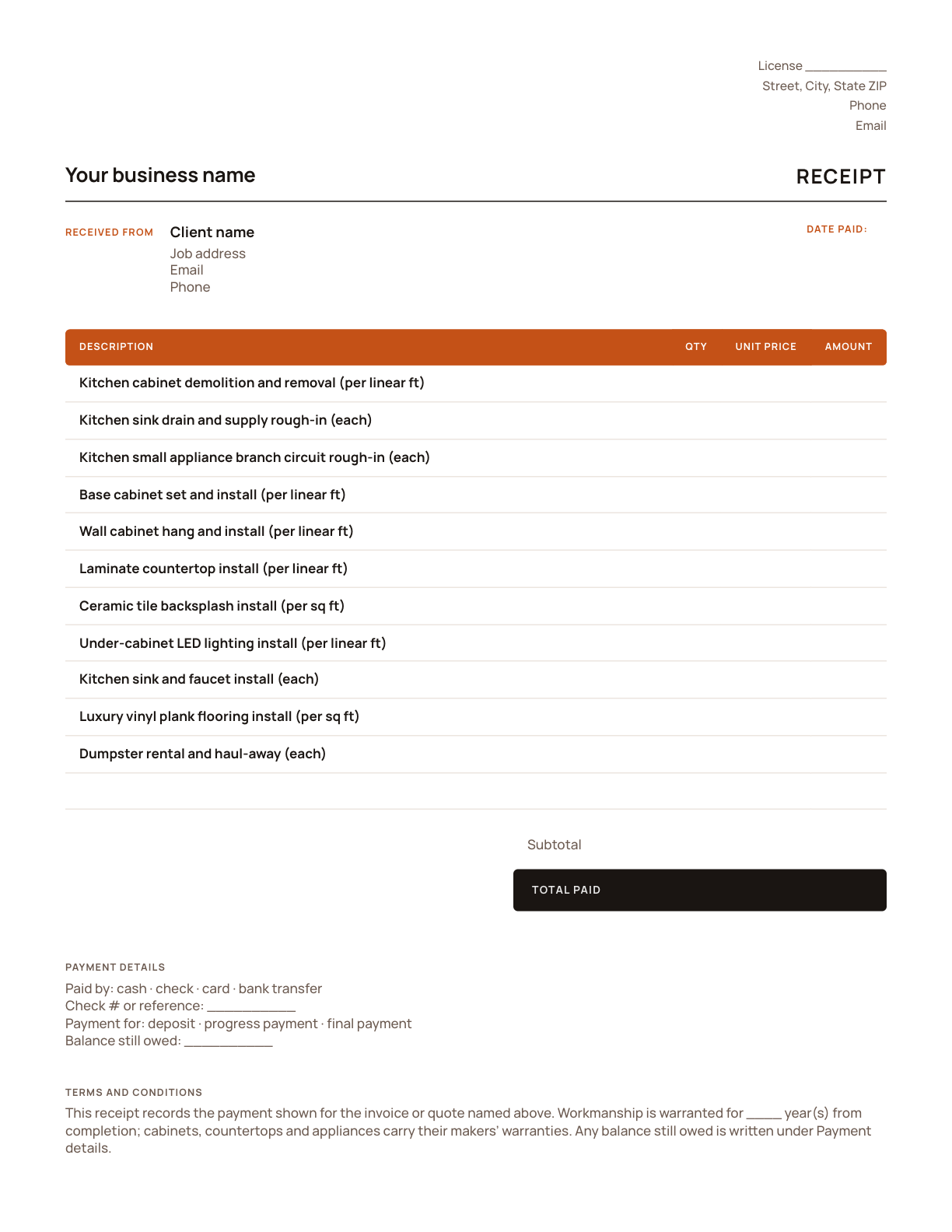 The kitchen remodeling receipt template, with its line items listed