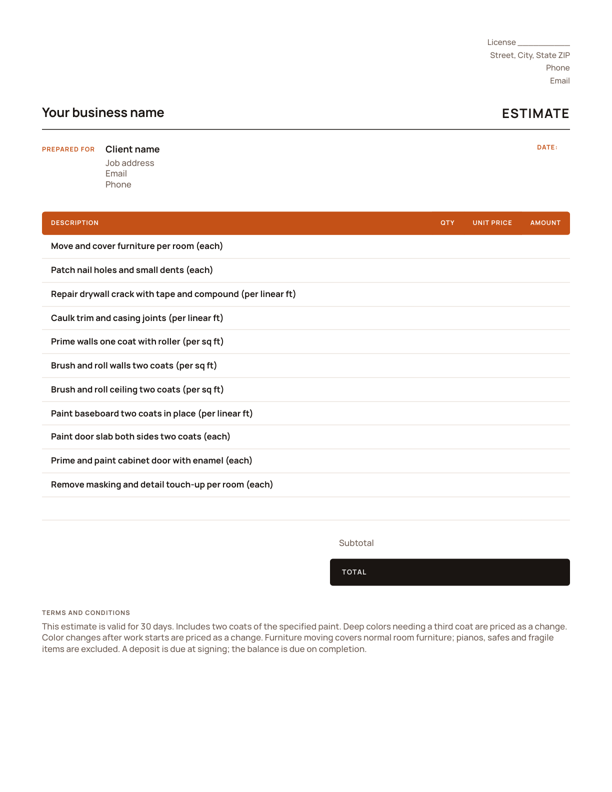 The painting estimate template, with its line items listed