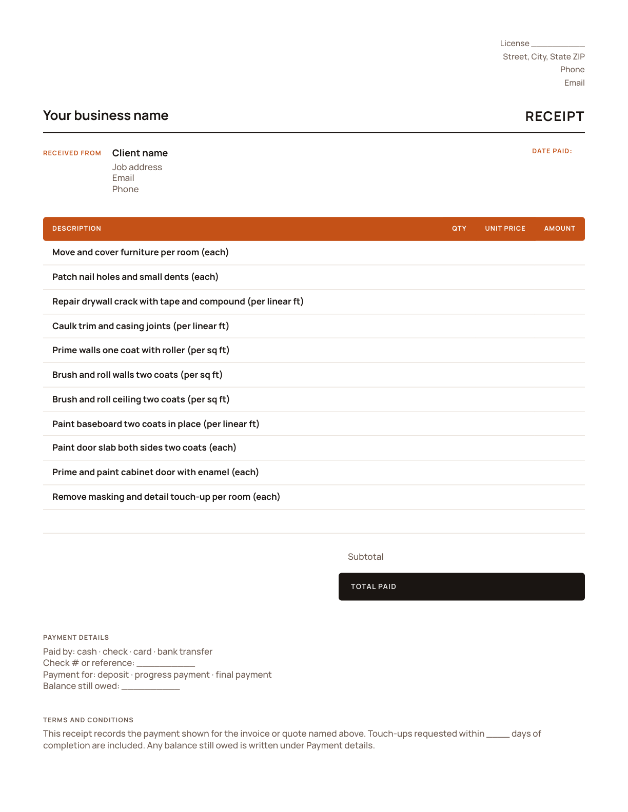 The painting receipt template, with its line items listed