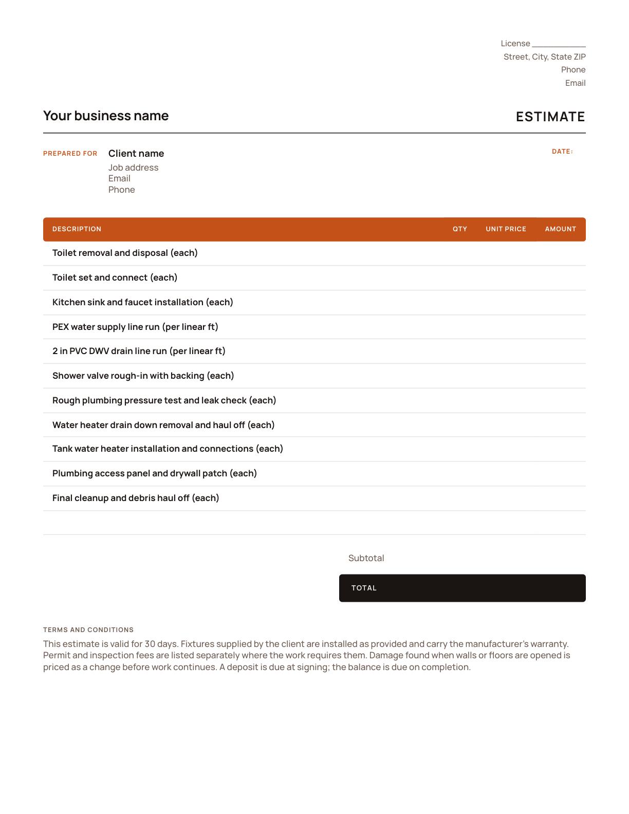 The plumbing estimate template, with its line items listed