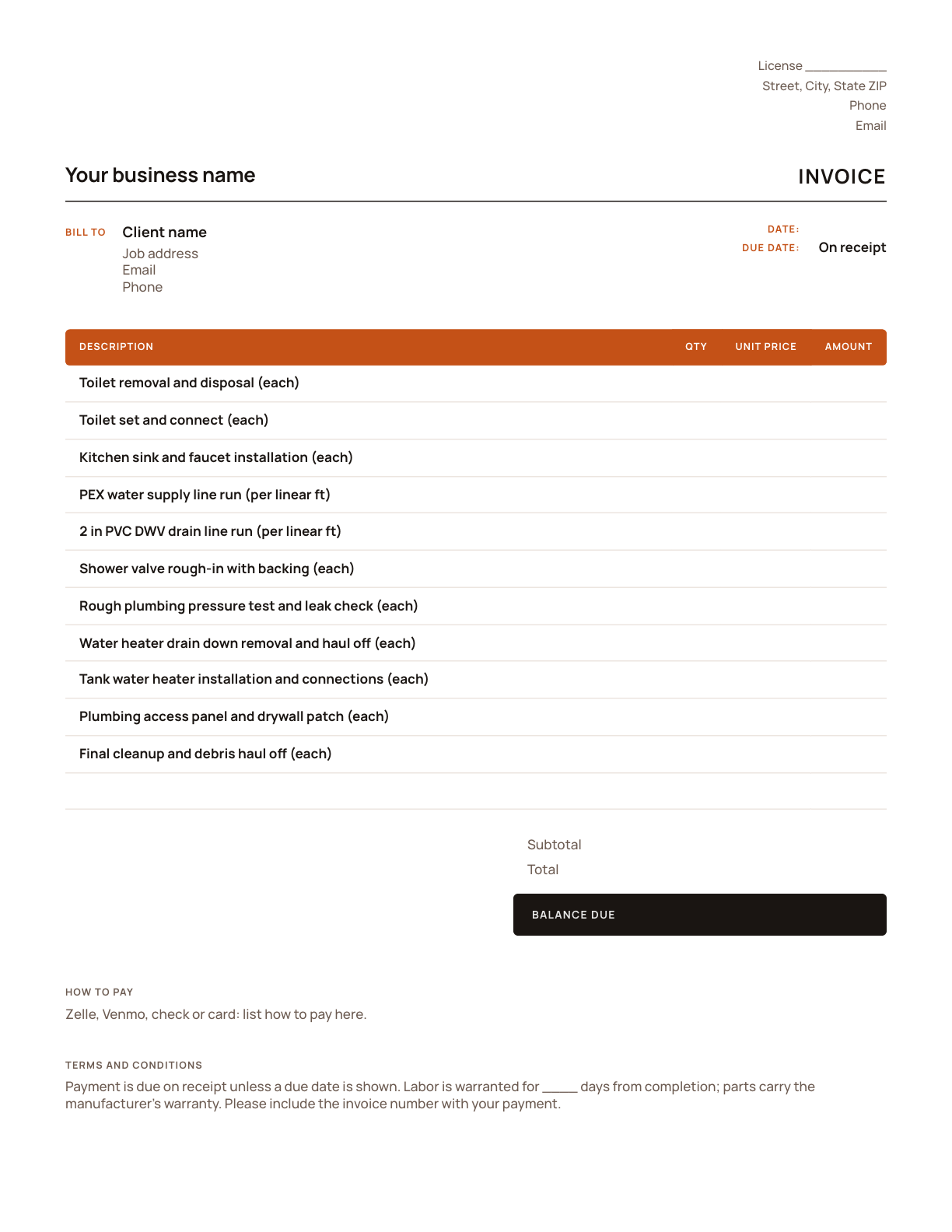 The plumbing invoice template, with its line items listed