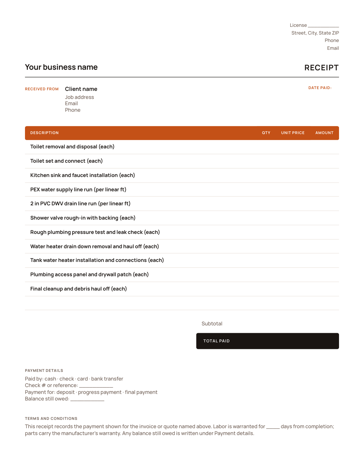 The plumbing receipt template, with its line items listed