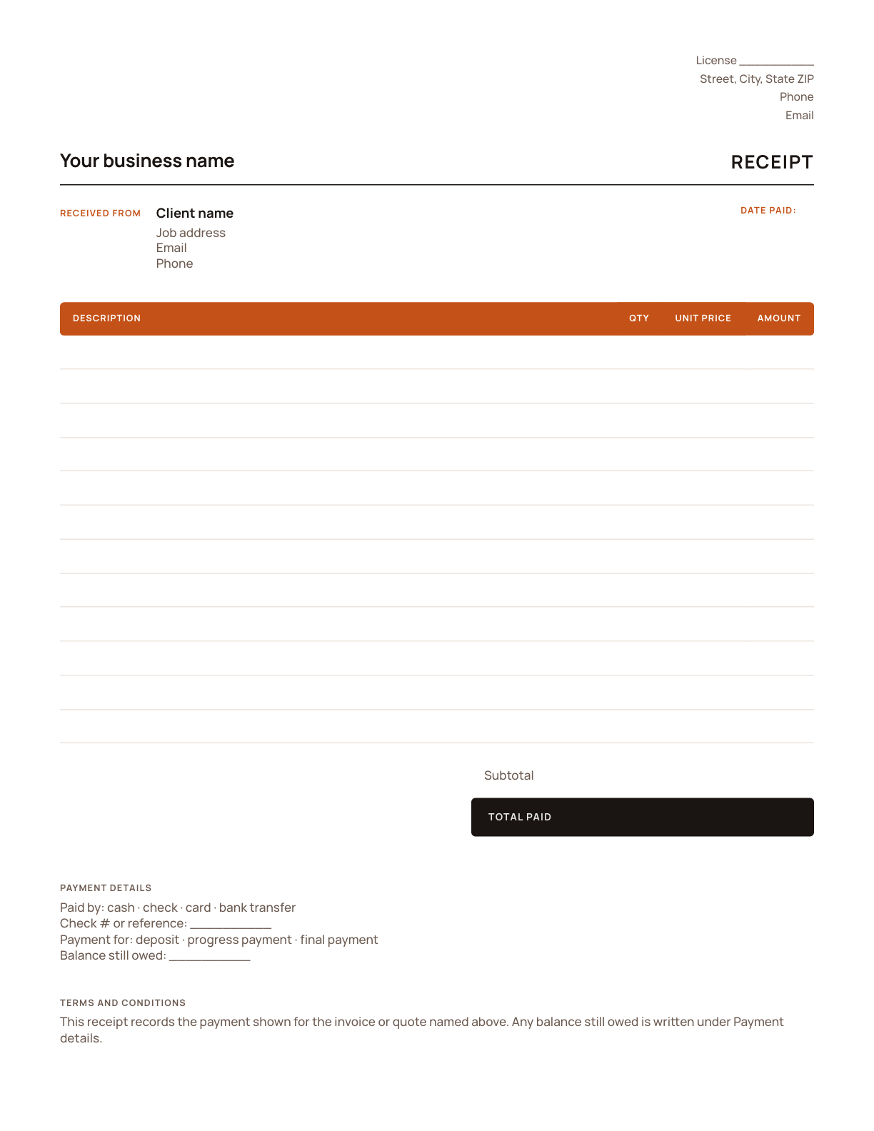 A blank receipt template