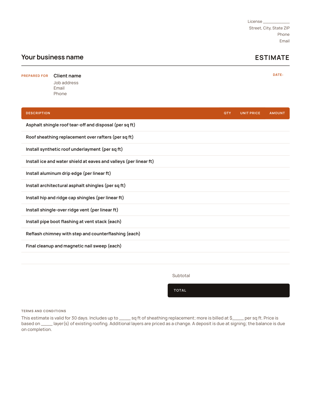 The roofing estimate template, with its line items listed