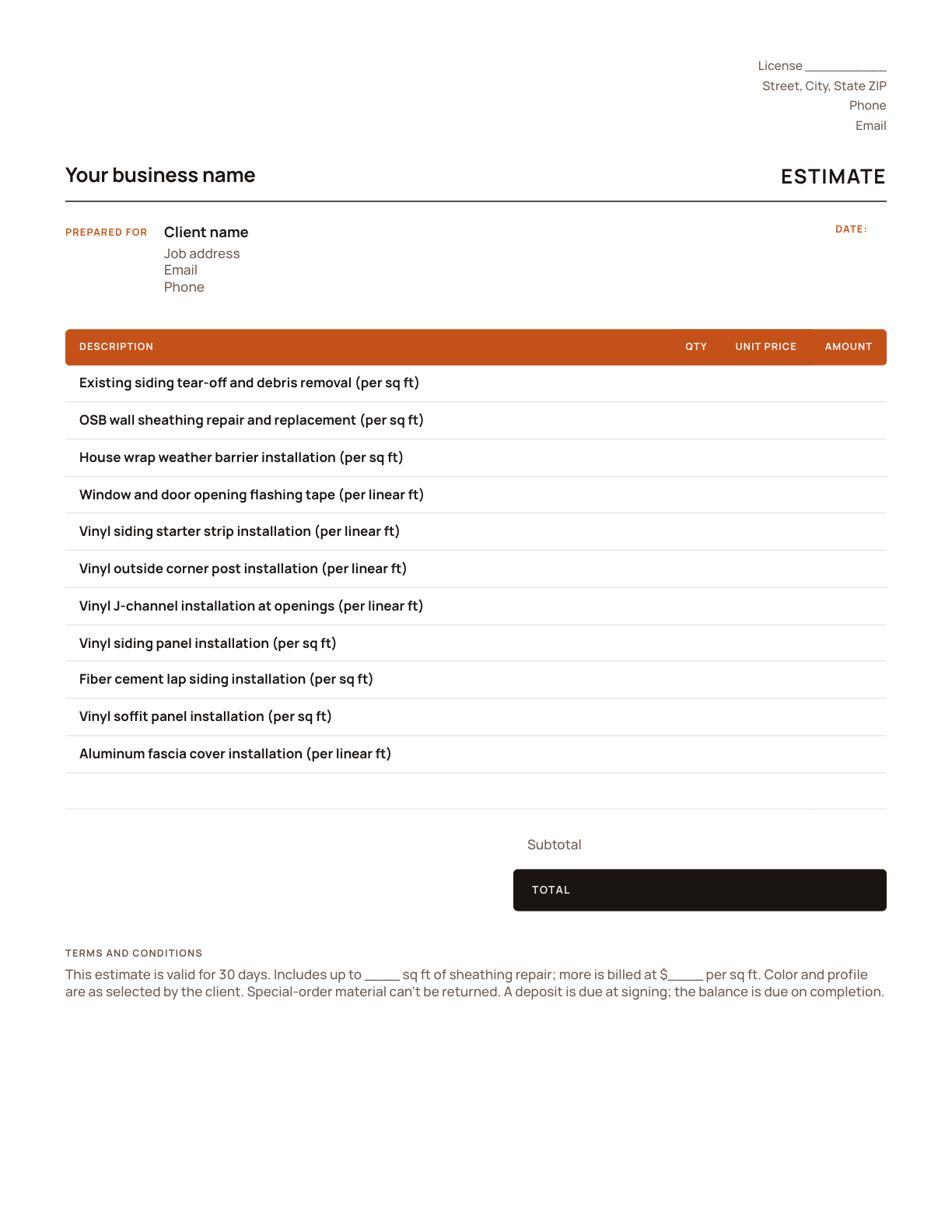 The siding estimate template, with its line items listed
