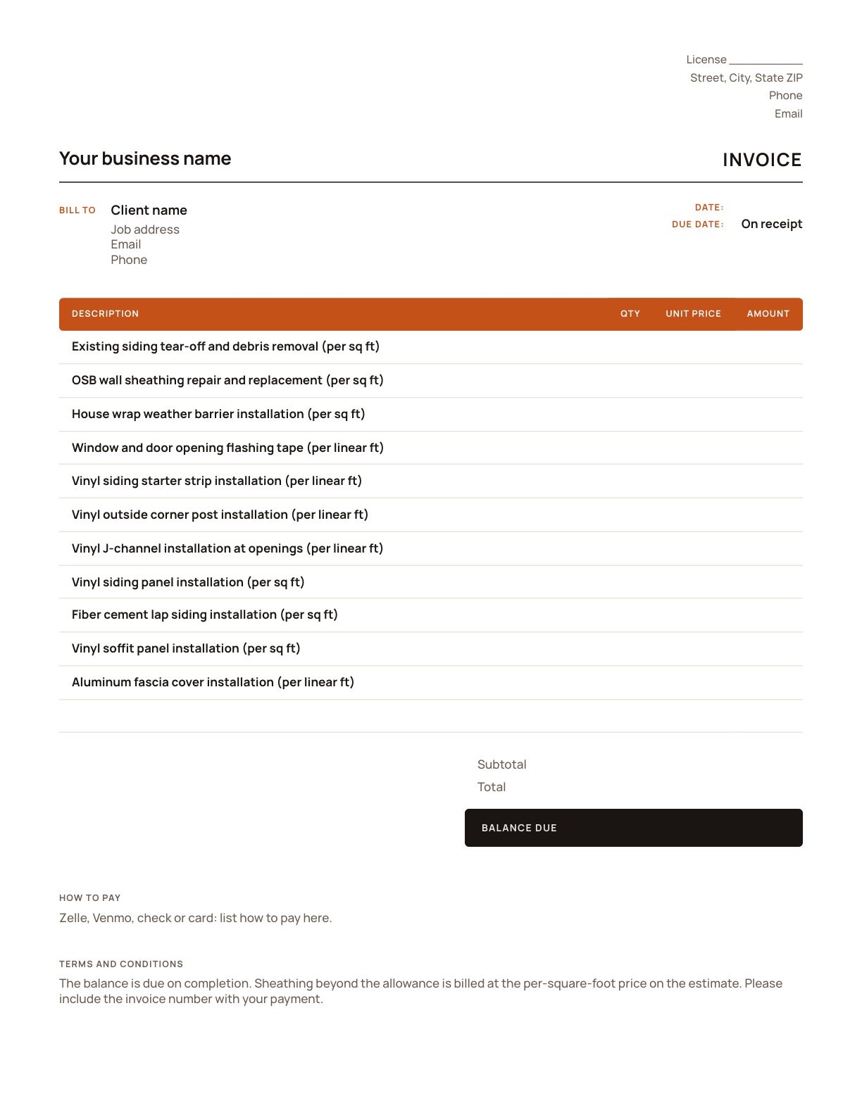 The siding invoice template, with its line items listed