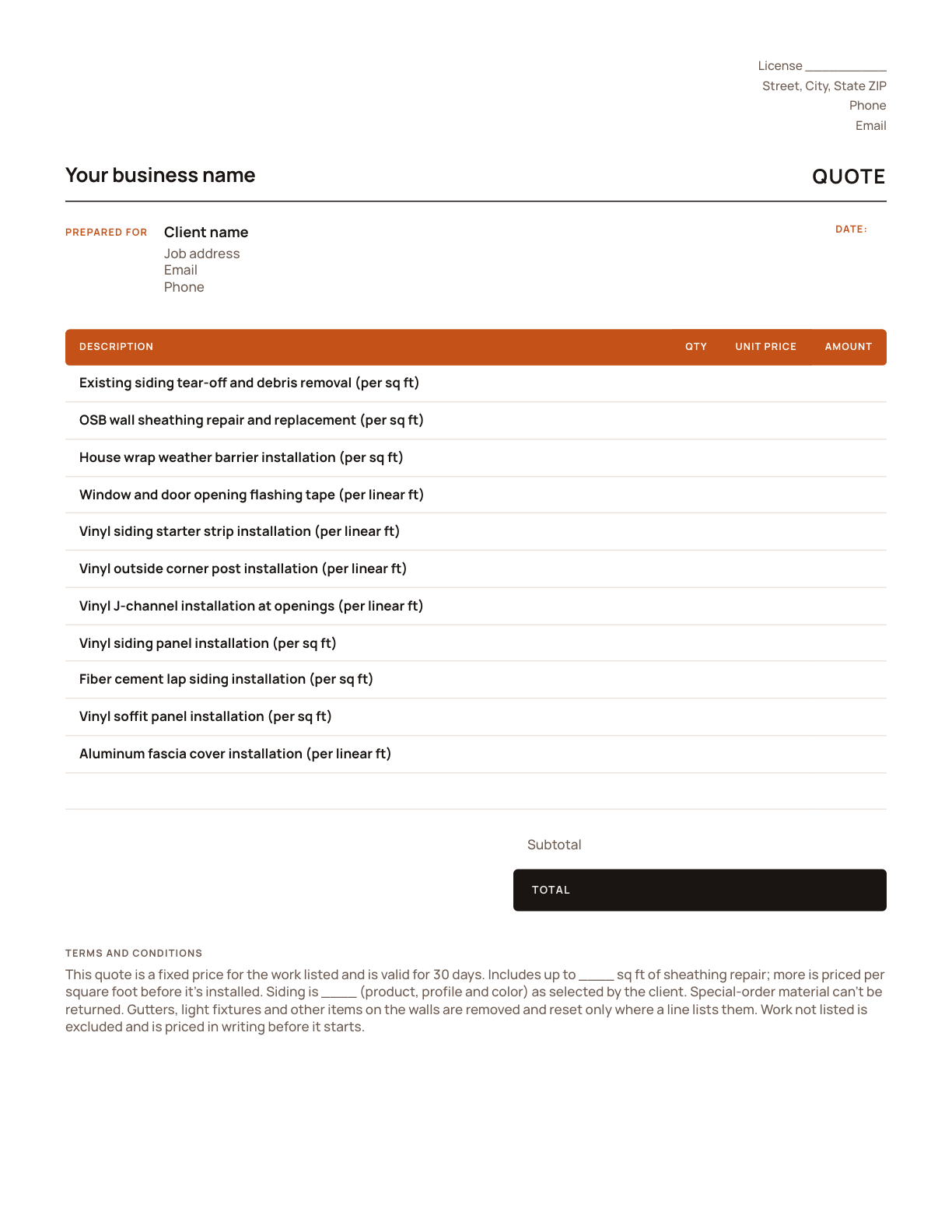 The siding quote template, with its line items listed