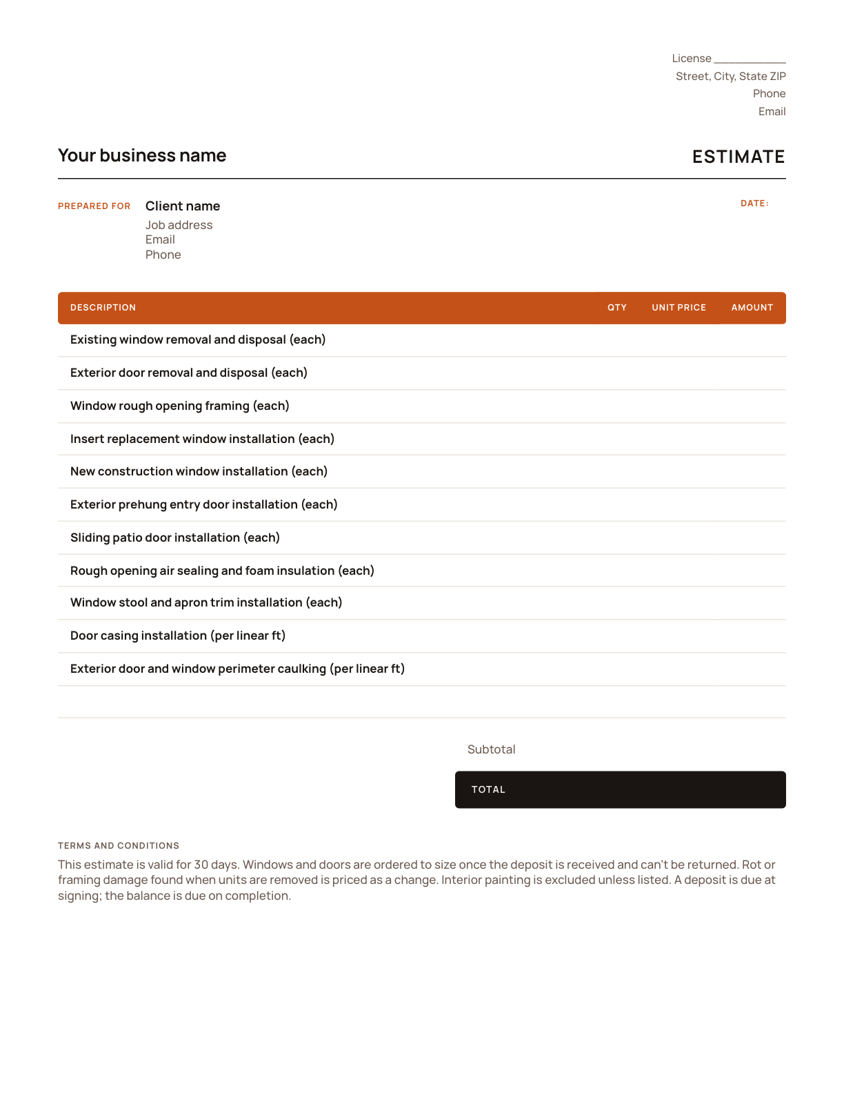 The window and door estimate template, with its line items listed