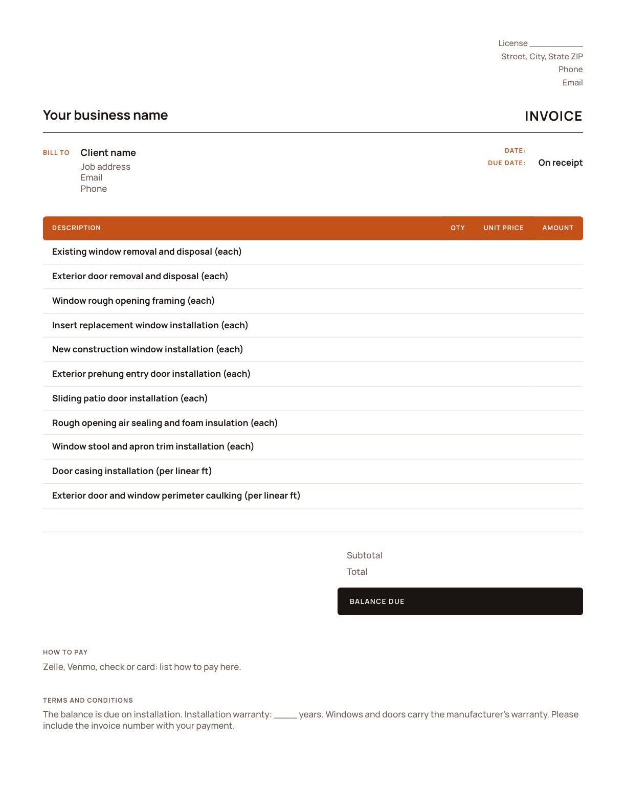 The window and door invoice template, with its line items listed
