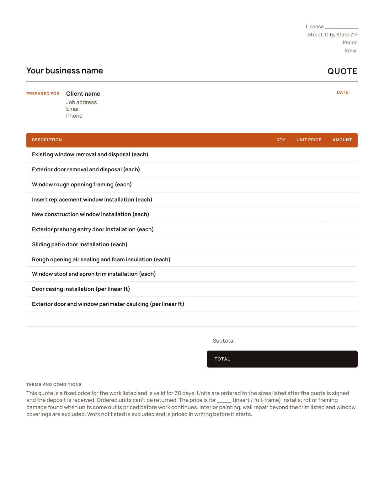 The window and door quote template, with its line items listed