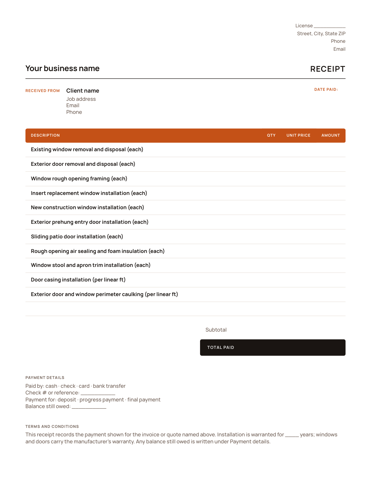 The window and door receipt template, with its line items listed
