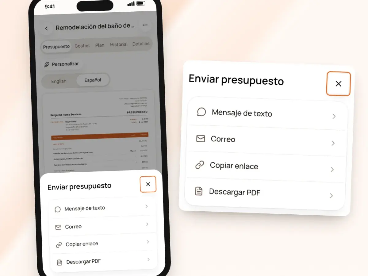 La hoja Enviar presupuesto en un teléfono: mensaje de texto, correo, copiar enlace o descargar PDF