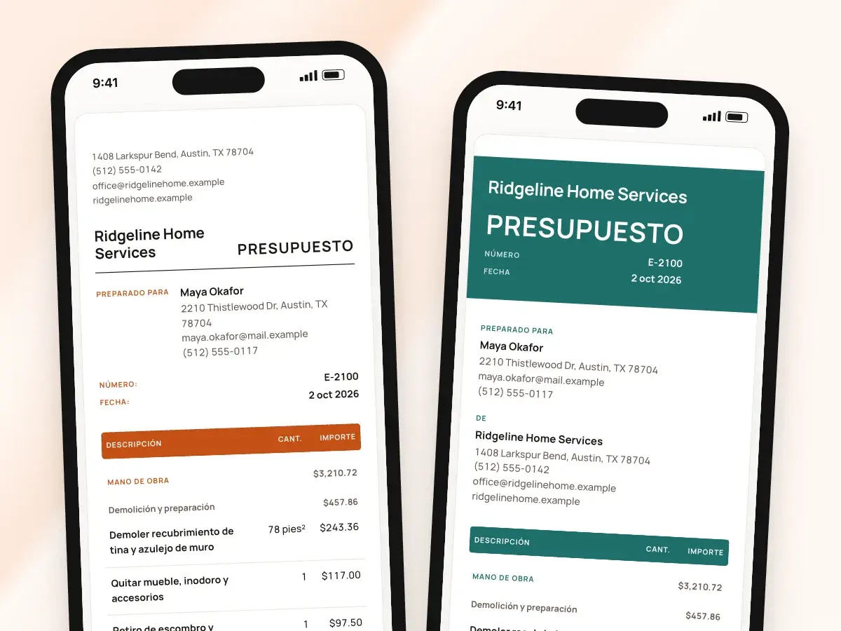 El presupuesto como lo ve el cliente en un teléfono, junto a los seis diseños de documento en Personalizar
