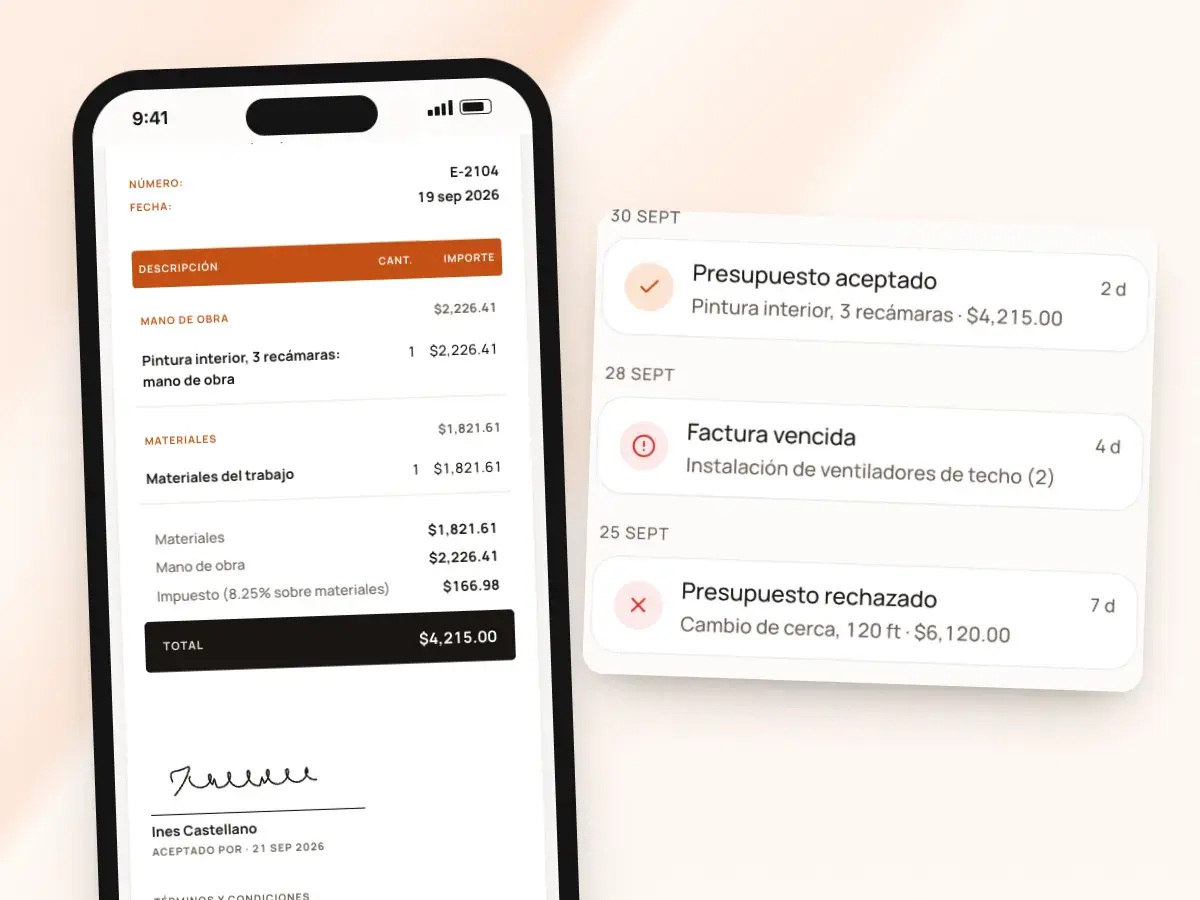 Un presupuesto firmado en el teléfono de la clienta, y la bandeja con presupuestos aceptados y rechazados