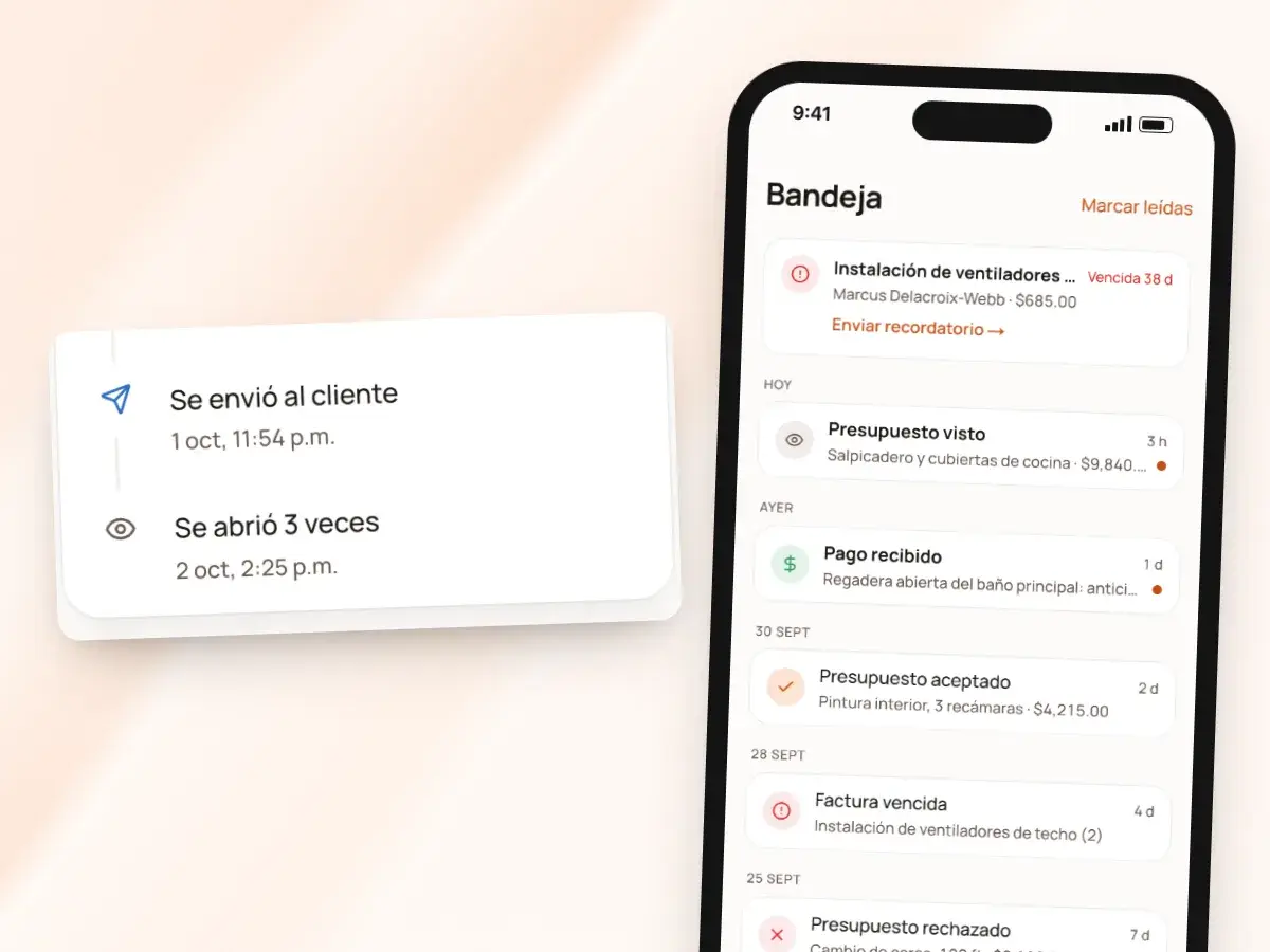La bandeja en un teléfono, y el historial de un presupuesto: enviado al cliente, abierto 3 veces