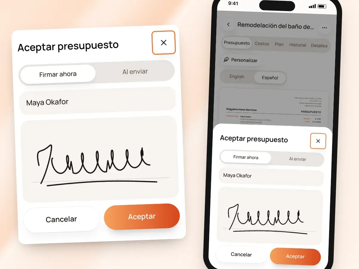 Pidiendo la firma del cliente en el teléfono del contratista: nombre, recuadro de firma y Aceptar