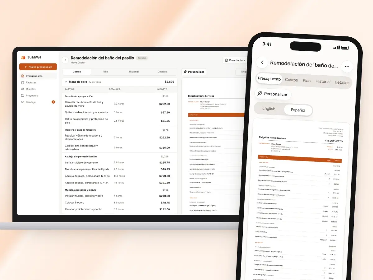 Un presupuesto en la app web en una laptop y en un teléfono