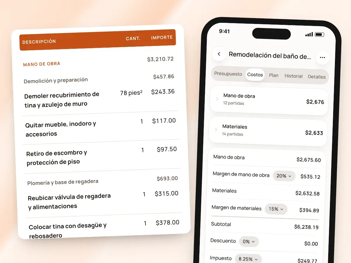 Los costos de un presupuesto en un teléfono junto a sus partidas con precio, agrupadas por etapa