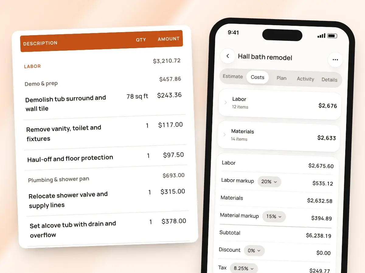 An estimate’s costs on a phone beside its priced lines, grouped by job step