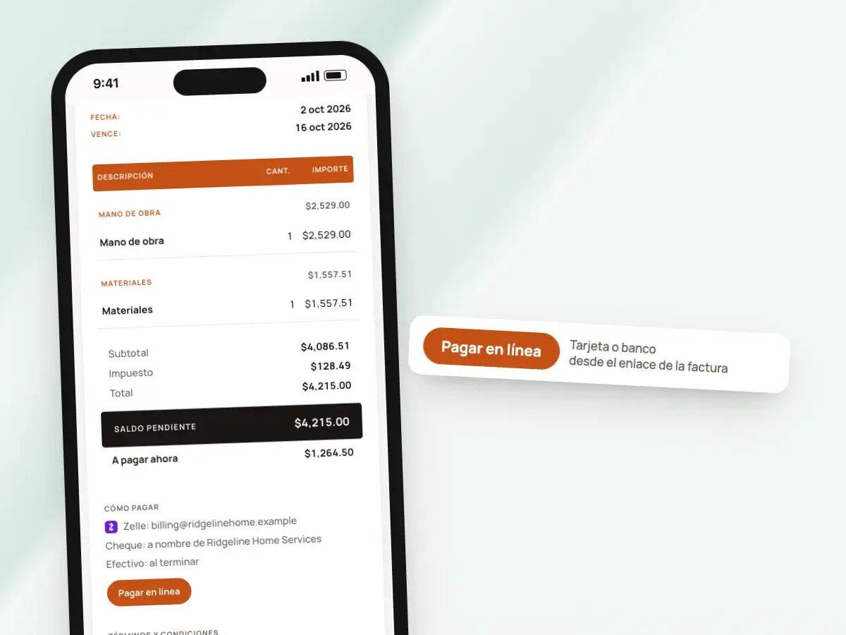 La página de la factura del cliente en un teléfono con el monto a pagar ahora, cómo pagar y el botón Pagar en línea