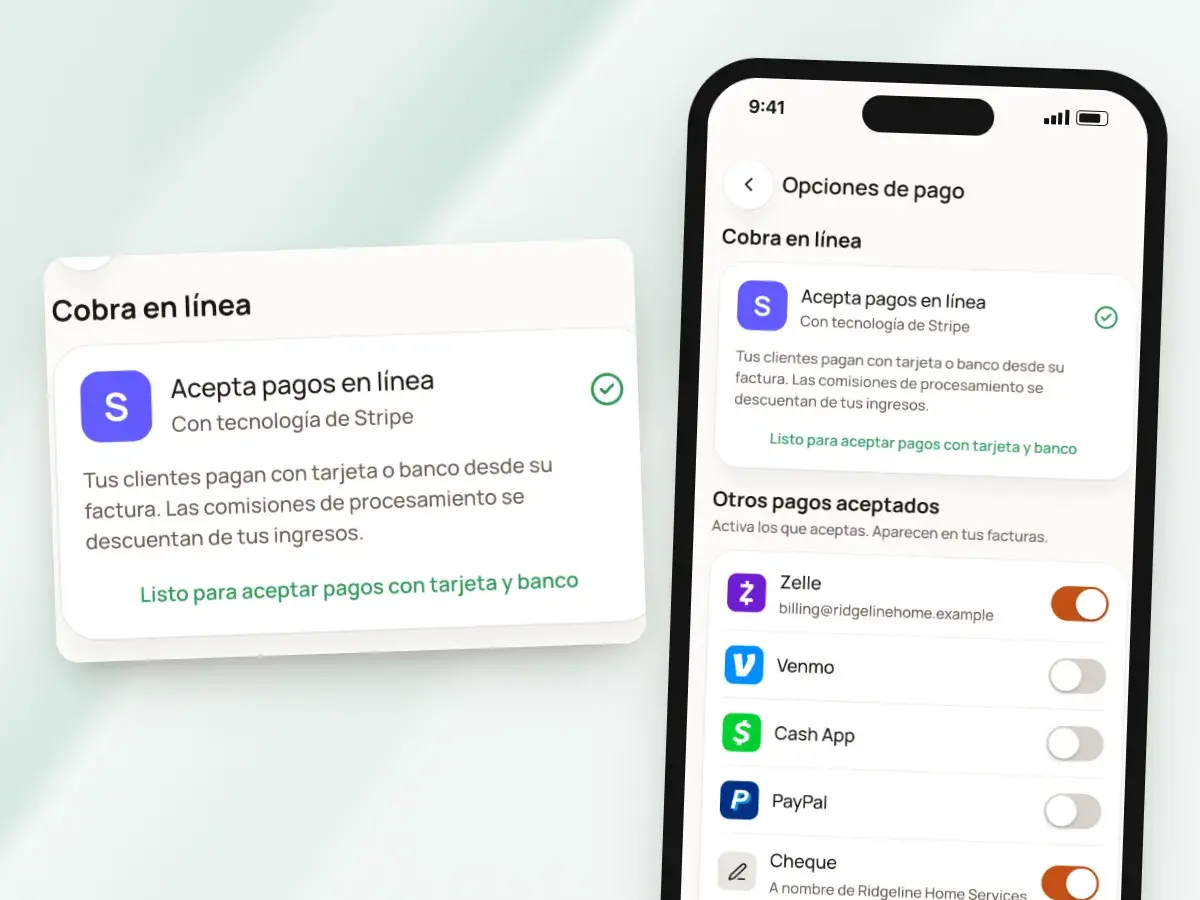 Pagos en línea con Stripe en Opciones de pago: listo para aceptar pagos con tarjeta y banco, con las comisiones descontadas de tus ingresos