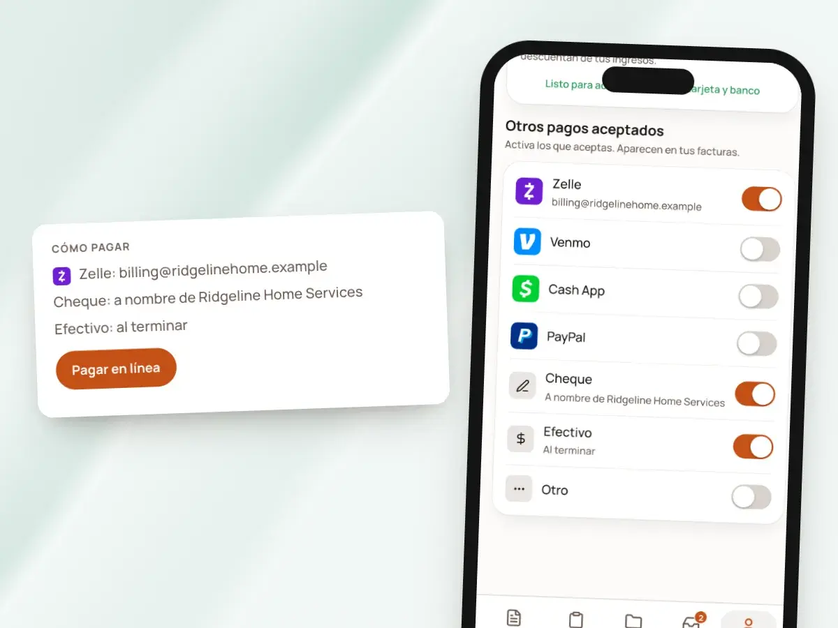 Los métodos de pago activados en Opciones de pago, y Cómo pagar como se imprime en la factura